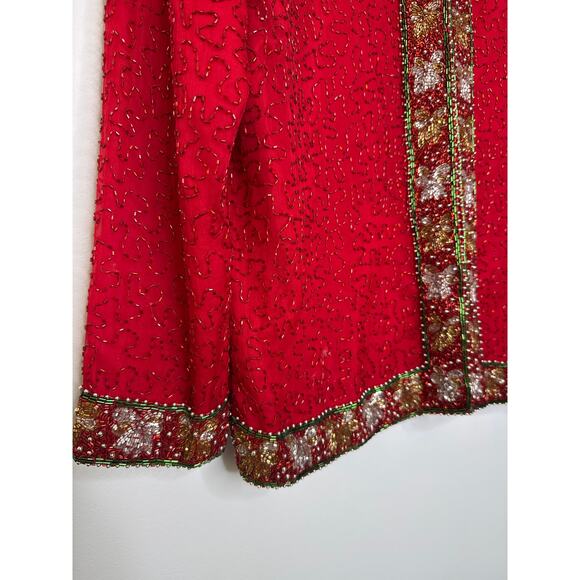 Vintage Laurence Kazer Silk beaded red formal cardigan Jacket Coat hoilday large - Picture 6 of 12